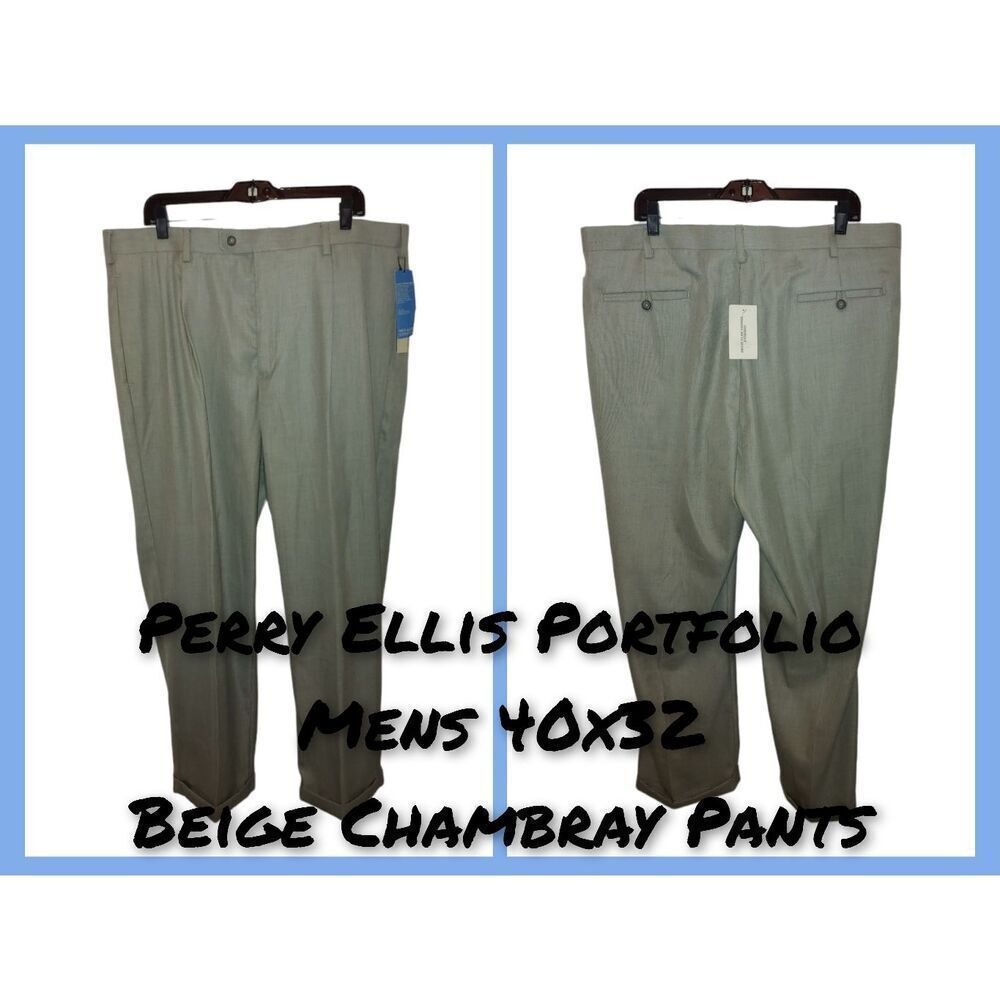 Perry Ellis Portfolio Men's Size 40x32 Beige Pleated Cuffed Chambray Pants.